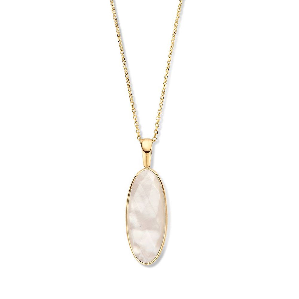 Geelgouden ketting met ankerschakel en prachtige ovale hanger gezet met gefacetteerd parelmoer.