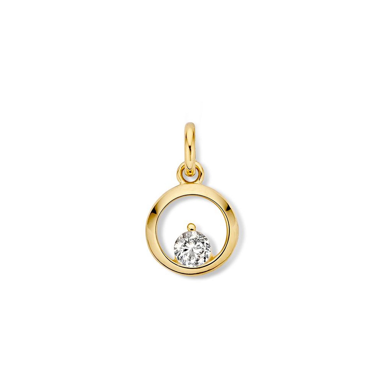 Fijne geelgouden hanger met een zirkonia in open zetting.