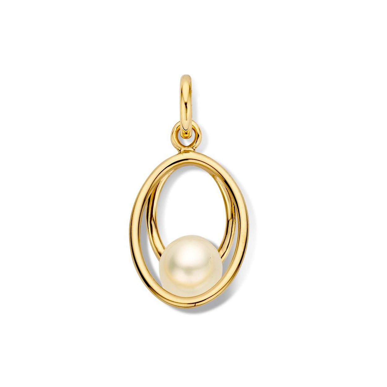 Geelgouden hanger met zoetwaterparel.
