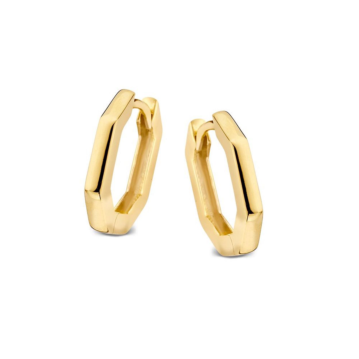 Geelgouden oorringen met strak achthoekig design.
