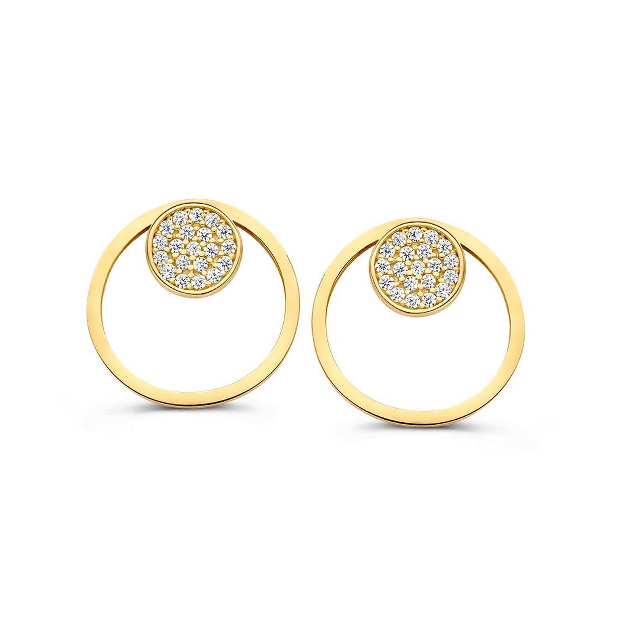 Geelgouden oorstekers met zirkonia in speels ontwerp. Je kunt deze oorbellen op twee verschillende manieren dragen, met en zonder de buitenste gouden ringen.�
