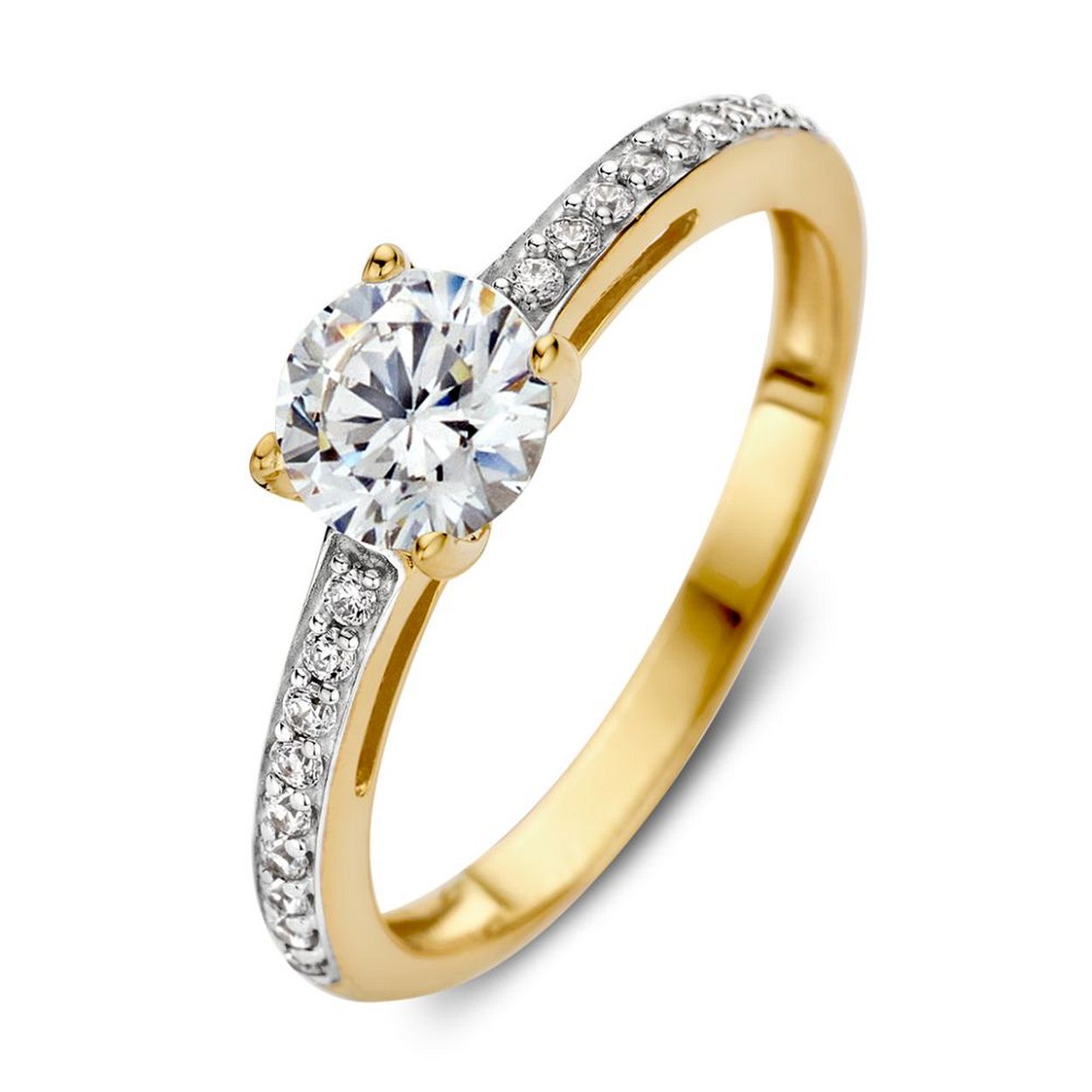gouden damesring, 4poot zirconia+pave band mt54