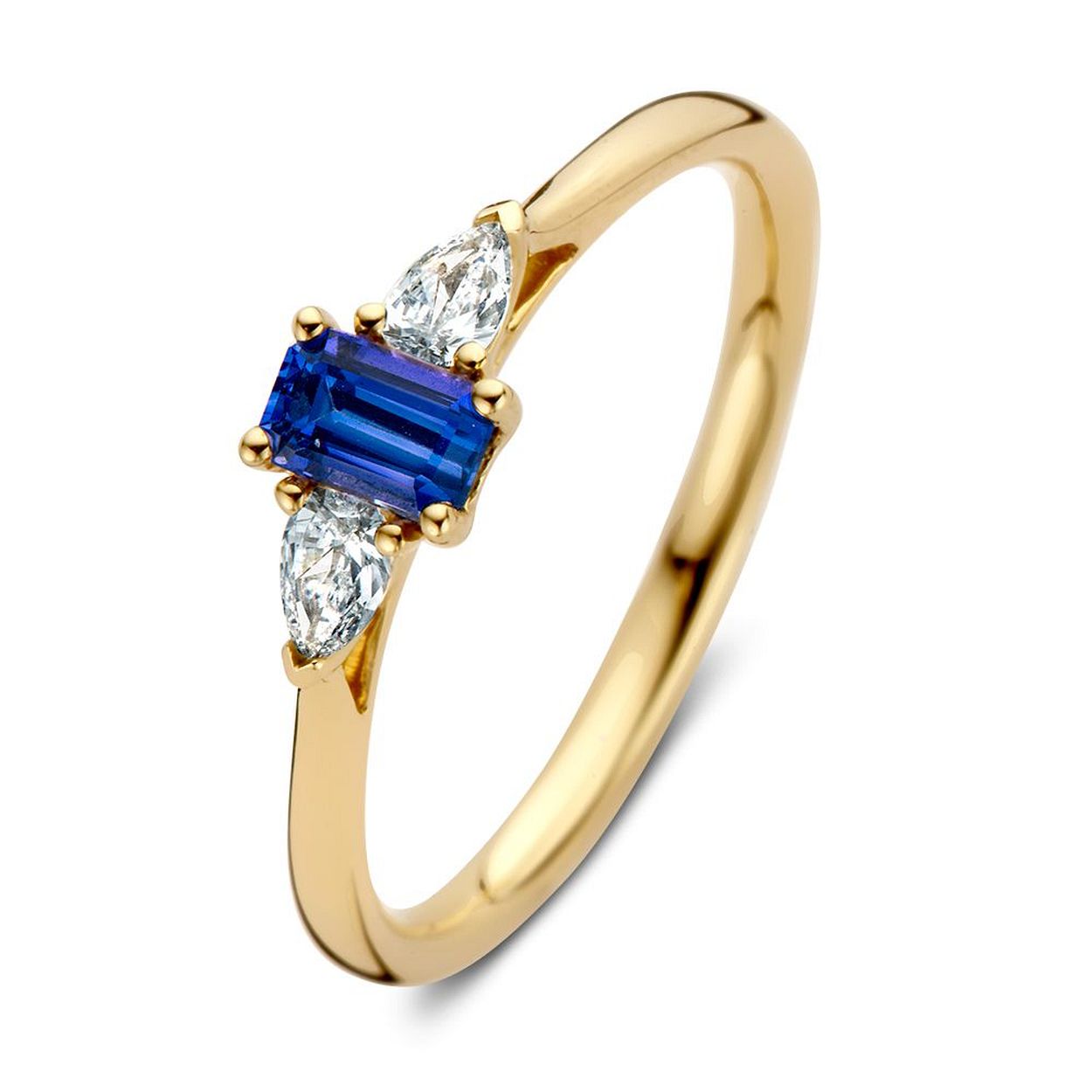 Geelgouden ring met emerald geslepen saffier en peer geslepen diamanten. Een prachtig en uniek ontwerp.
