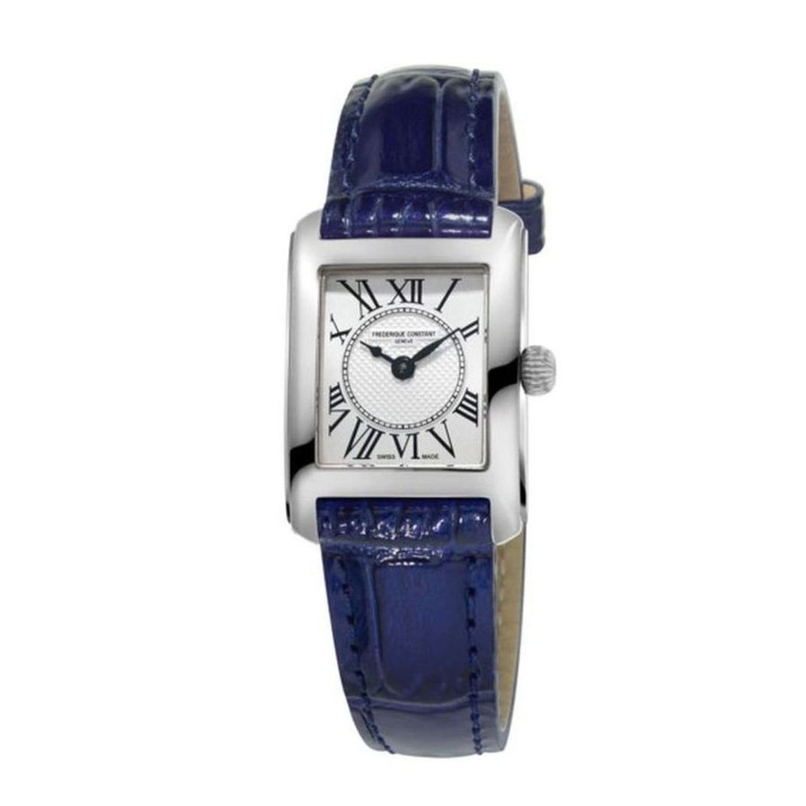 Het Zwitserse Frederique Constant FC-200MC16 Classics Classic Carré dames horloge heeft een quartz uurwerk. De rechthoekige, zilveren roestvrijstalen kast heeft een breedte van 21mm, een lengte van 23mm en een glas van saffier. De wijzerplaat is wit. De glanzende krokokalf band van leer is blauw en sluit met een gesp. De waterdichtheid is 3 ATM.