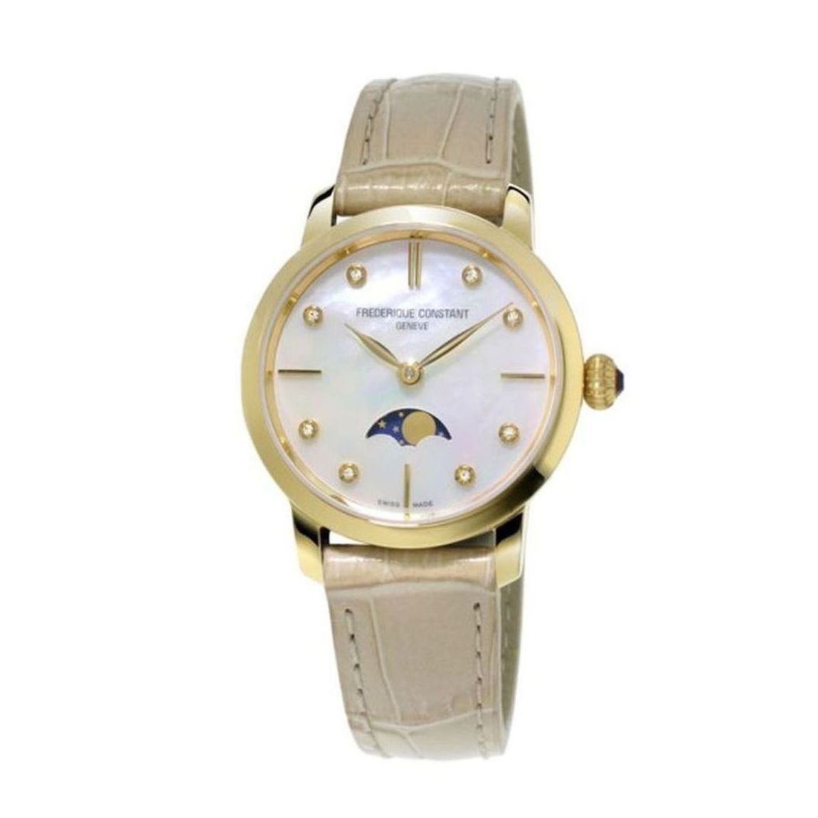 DIT IS EEN HORLOGE VAN FREDERIQUE CONSTANT UIT DE COLLECTIE SLIMLINE. DE AANDRIJVING IS QUARTZ. HET HORLOGE HEEFT DE VOLGENDE KENMERKEN: UREN, MINUTEN, MAANFASE.