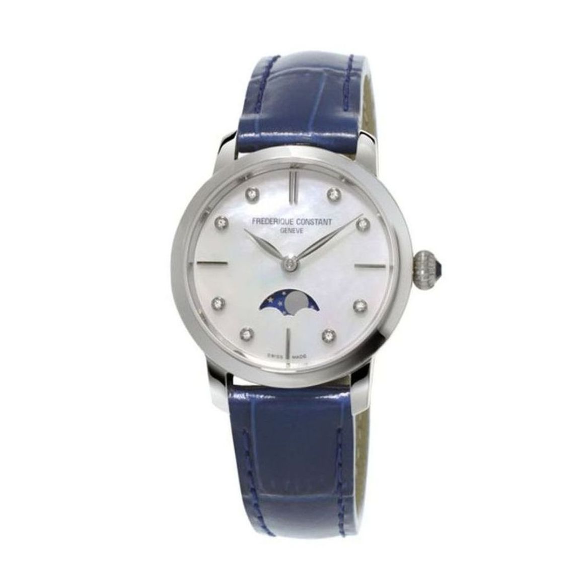 Het Zwitserse Frederique Constant FC-206MPWD1S6 Slimline Ladies Moonphase dames horloge met maanfase complicatie bevat een quartz uurwerk. De zilveren roestvrijstalen kast heeft een diameter van 30mm en een glas van saffier. De wijzerplaat is wit en is bewerkt met diamanten. De donkerblauwe glanzende krokokalf band is van leer en sluit met een gesp. De waterdichtheid is 3ATM.