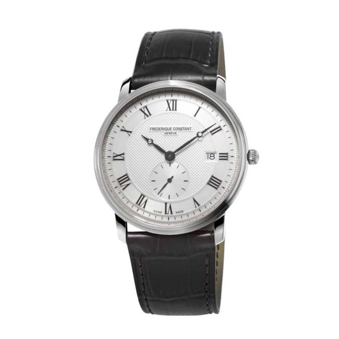 De Frederique Constant Slimline FC-245M5S6 is een stijlvolle polshorloge met Zwitserse beweging, datumfunctie, en antiallergische eigenschappen. Het heeft een ronde, zilverkleurige kast van roestvrij staal en een zwarte leren band. Draag deze elegante horloge bij formele of zakelijke gelegenheden voor een verfijnde look. Waterbestendigheidsniveau is 3 ATM.