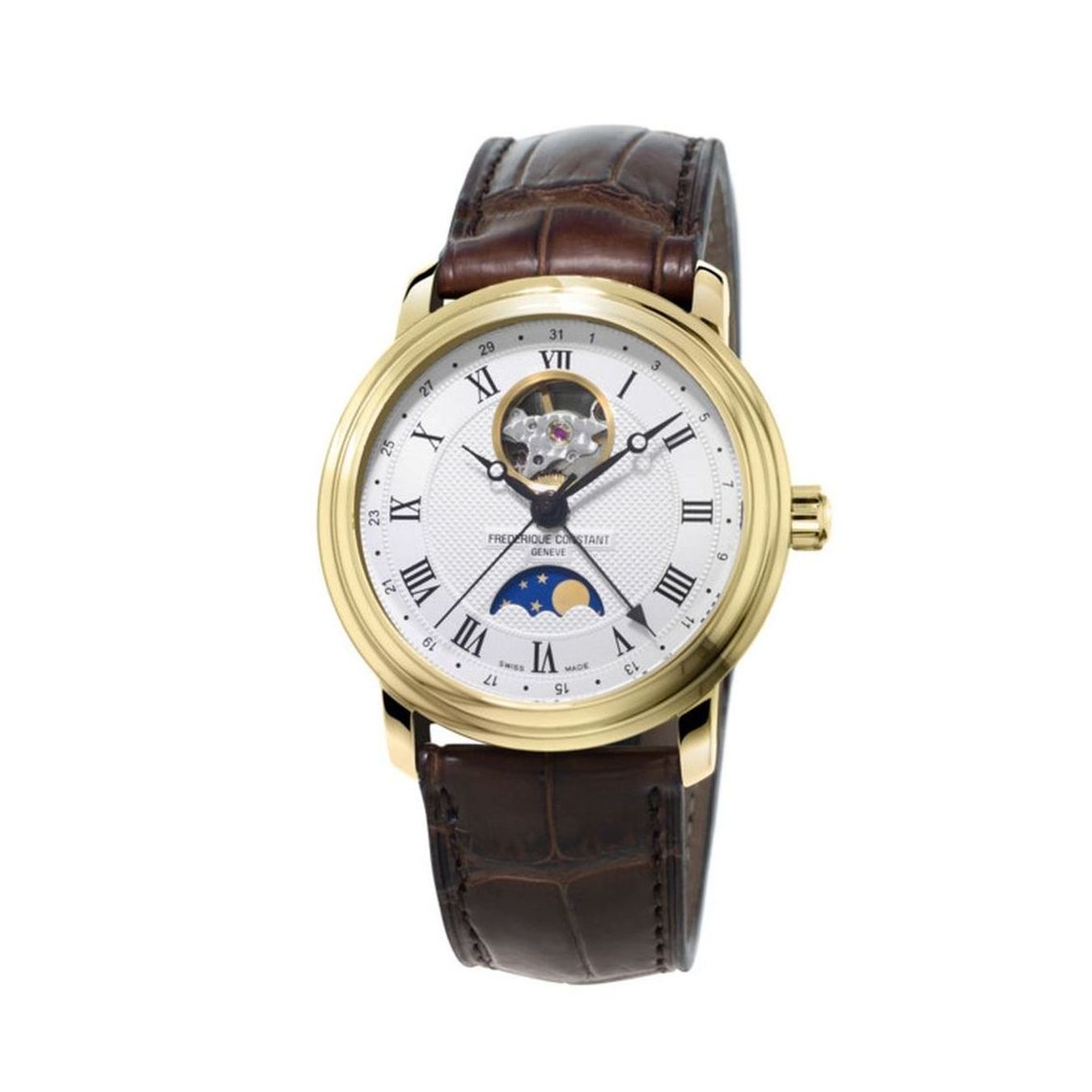 De Frederique Constant Classic Heart Beat Moonphase Date FC-335MC4P5 is een elegant herenhorloge met een roestvrijstalen kast in goudkleur, een saffierglas, en een zilverkleurige wijzerplaat met Romeinse cijfers. Het horloge heeft een automatische beweging en een bruine lederen band. Draag dit polshorloge ideaal bij formele en zakelijke outfits voor een klassieke uitstraling.
