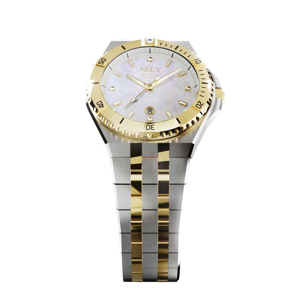 De Date34 is ons nieuwste model. Dit 34mm dameshorloge is er in 14 varianten. Dit nieuwe model is standaard uitgevoerd met 5 Swarovski stenen, hoogwaardig staal, saffierglas met AR coating en een parelmoer wijzerplaat.