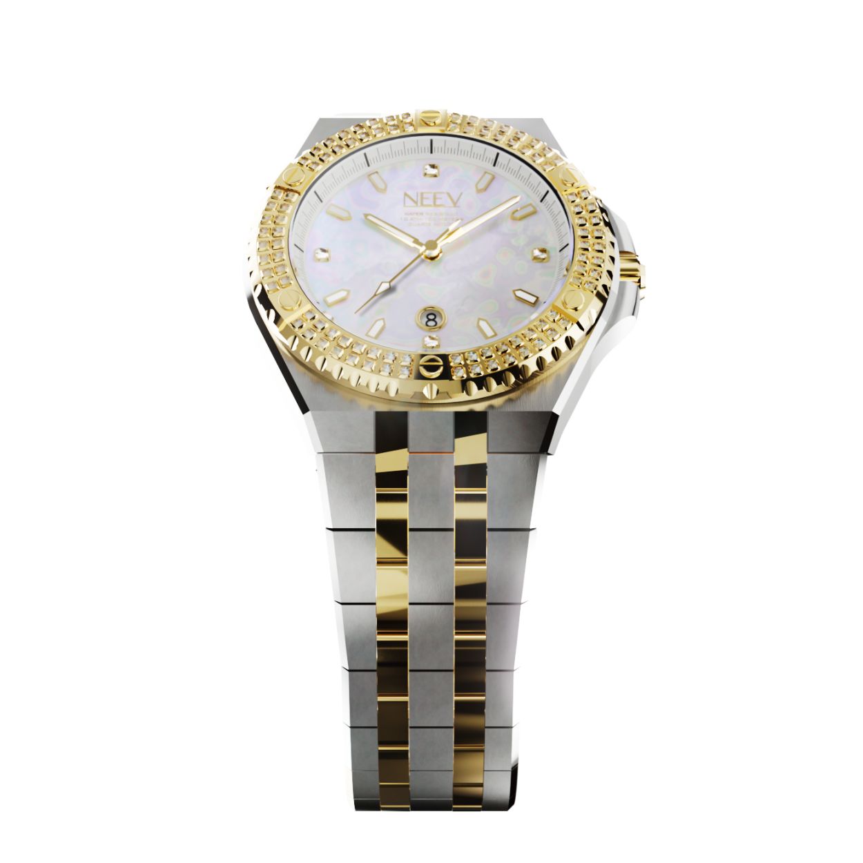 De Date34 is ons nieuwste model. Dit 34mm dameshorloge is er in 14 varianten. Dit nieuwe model is standaard uitgevoerd met 5 Swarovski stenen, hoogwaardig staal, saffierglas met AR coating en een parelmoer wijzerplaat.