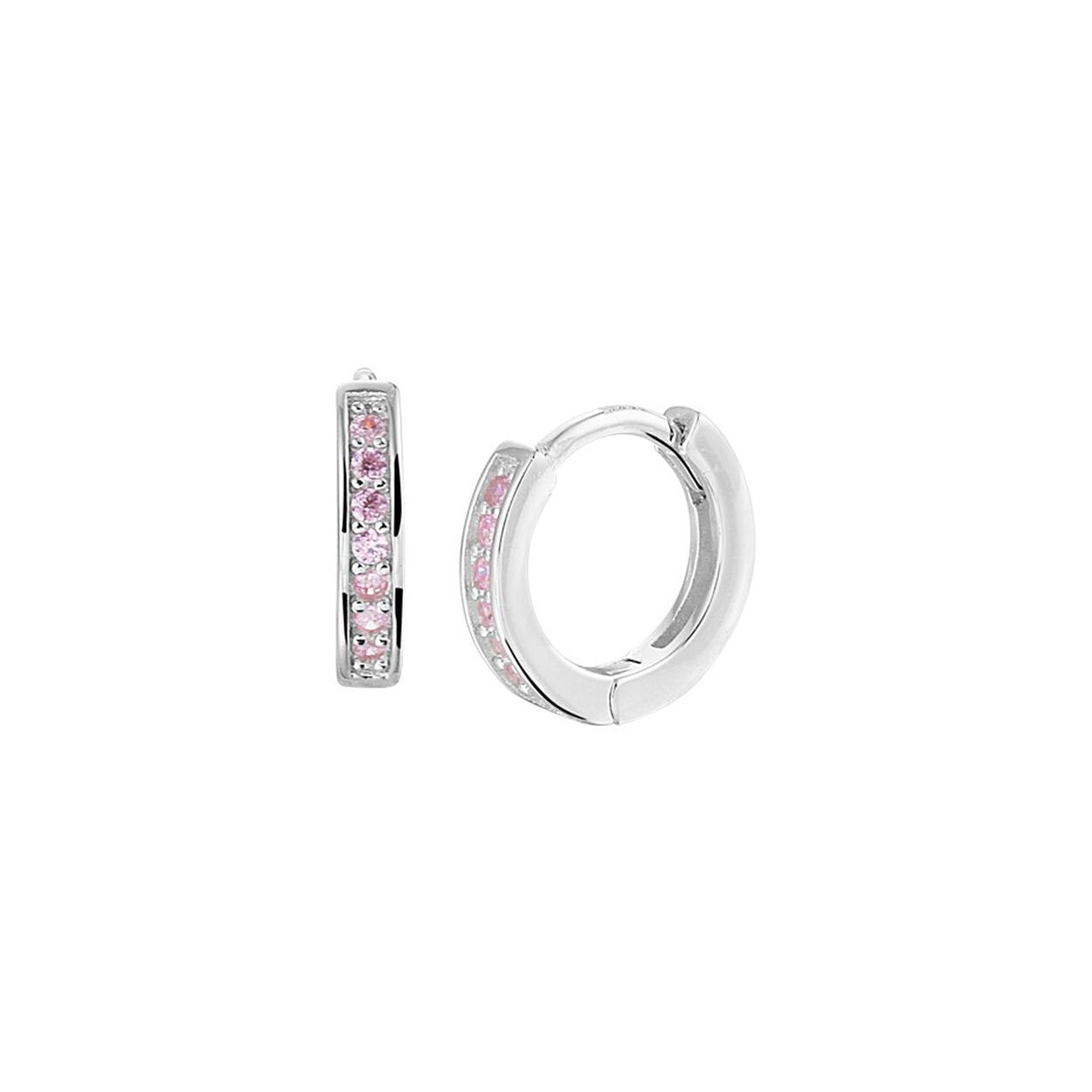 Gerhodineerd 925 zilveren klapoorringen uitgevoerd met een schitterende roze zirkonia rij. De oorringen hebben een diameter van 9.6mm en een dikte van 2mm.
