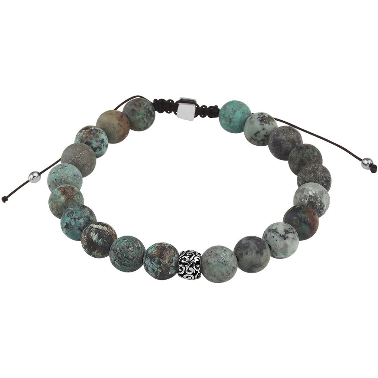 Stoere armband uitgevoerd met groen turqoise stenen en 925 zilveren elementen. De armband heeft een breedte van 8mm en een draaglengte van 19 tot 26cm.