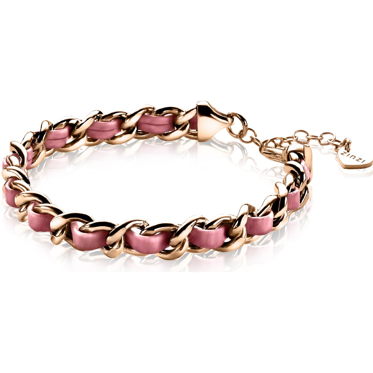 Zinzi zilveren gourmet armband rose verguld roze koord 18-21cm ZIA1095R