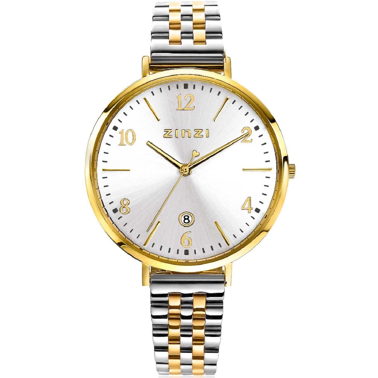 Zinzi horloge SOPHIE zilverkleurige wijzerplaat met datum, goudkleurige kast 38mm, stalen bicolor band 16mm ZIW1433SB