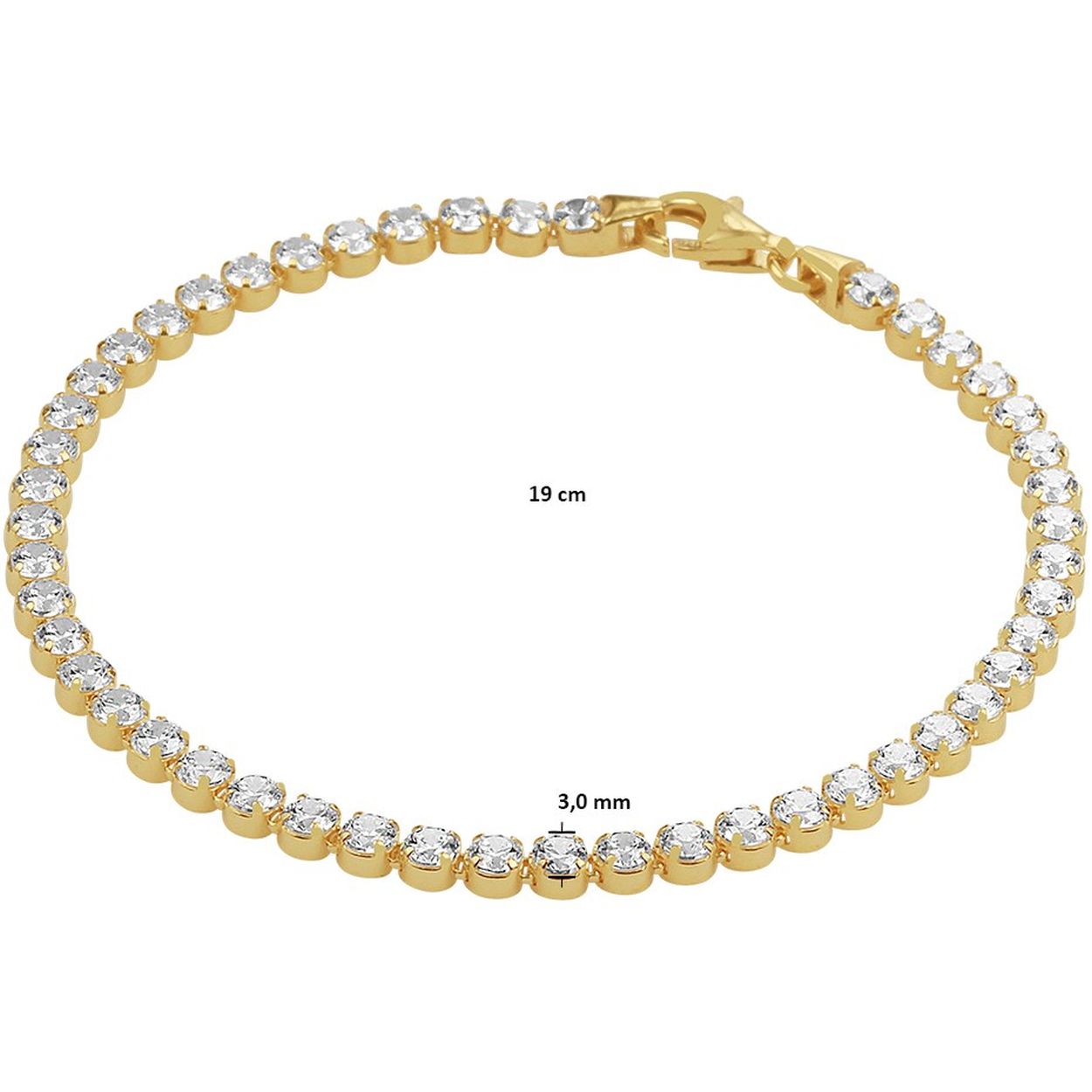 Geelgoud op 925 zilveren tennisarmband uitgevoerd met een schitterende zirkonia rij en een stevige karabijn sluiting. De armband heeft een draaglengte van 19cm en een breedte van 3mm.