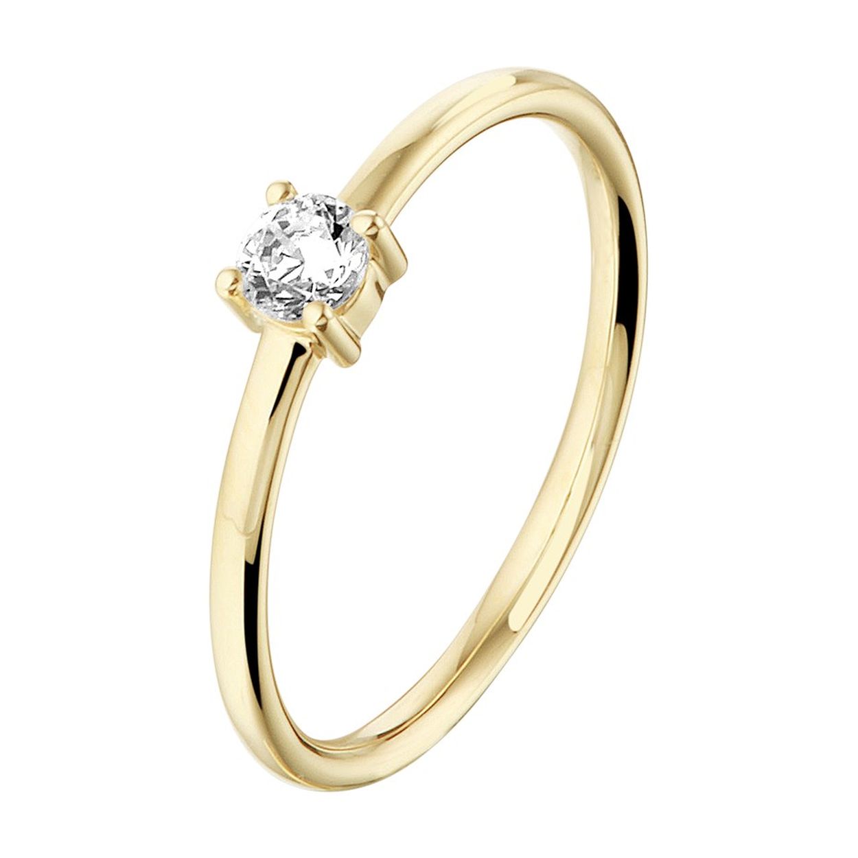 14k Geelgouden ring uitgevoerd met een schitterende zirkonia. De ring heeft een breedte van 4mm.