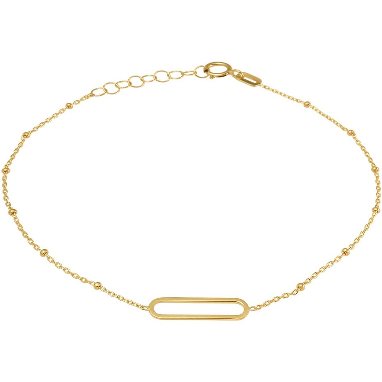 14k Geelgouden armband uitgevoerd met een tussenstuk in schakelvorm. De armband heeft een draaglengte van 16cm met een extensie van 2cm en een breedte van 4mm.
