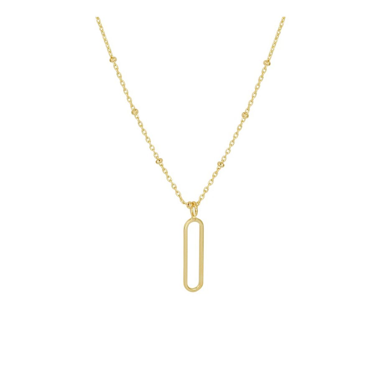 14k Geelgouden collier uitgevoerd met een hanger in de vorm van een schakel. Het collier heeft een draaglengte van 41cm met een extensie van 3cm. De hanger heeft een afmeting van 17x4mm.