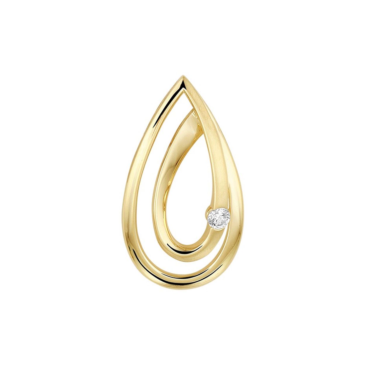 14k Geelgouden druppelvormige hanger uitgevoerd met een schitterende diamant. De hanger heeft een afmeting van 20x11mm.
