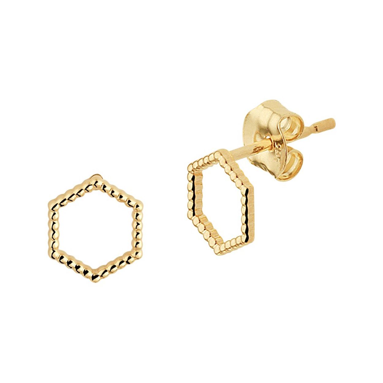 14k Geelgouden oorknoppen uitgevoerd in een zeshoek. De oorknoppen hebben een afmeting van 6x6.5mm.