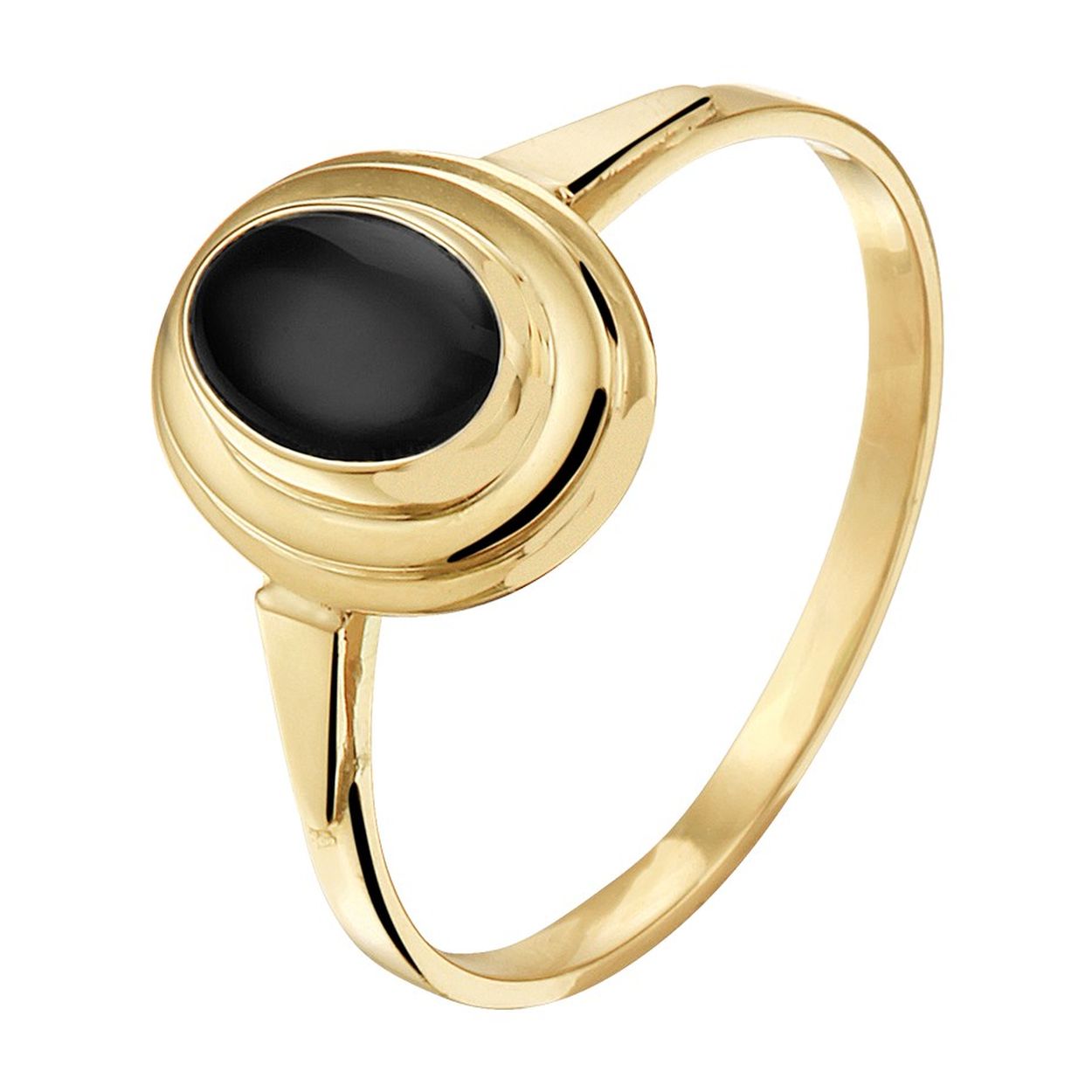 Klassieke 14k geelgouden ring uitgevoerd met een schitterende onyx. De ring heeft een breedte van 10.5mm.