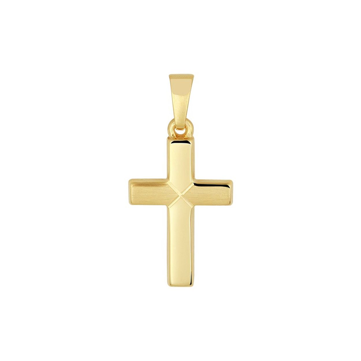 14krt geelgouden hanger in de vorm van een kruis. De hanger heeft een totale hoogte van 2.5cm en een breedte van 12mm.