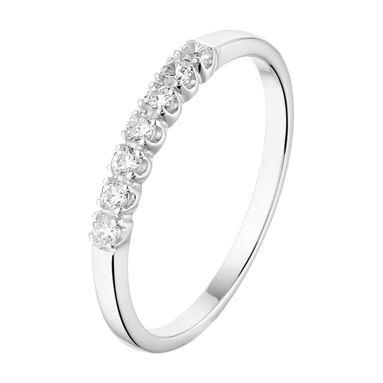 14k Witgouden ring uitgevoerd met een schitterende zirkonia rij. De ring heeft een breedte van 2mm.