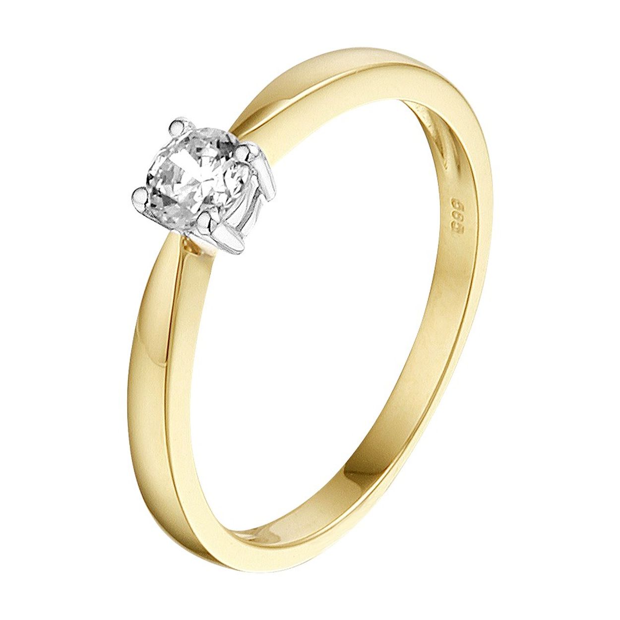 14k Bicolor wit- en geelgouden ring uitgevoerd met een schitterende zirkonia. De ring heeft een breedte van 4mm.