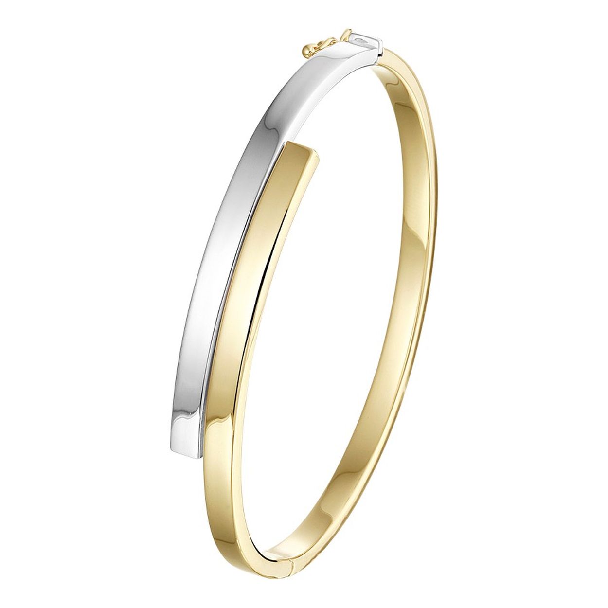 14k Bicolor wit- en geelgouden bangle met scharnier. De bangle heeft een breedte van 9mm en een binnendiameter van 61.5mm.
