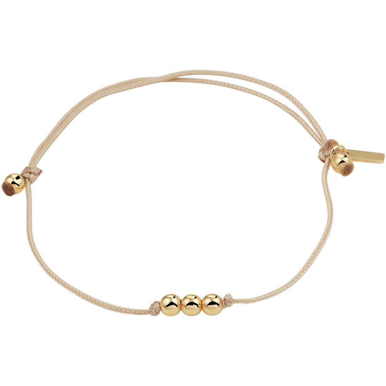 Beige gevlochten armband uitgevoerd met drie 14k geelgouden bolletjes. De armband heeft draaglengtes van 13 tot 19cm. De bolletjes hebben een breedte van 3mm.