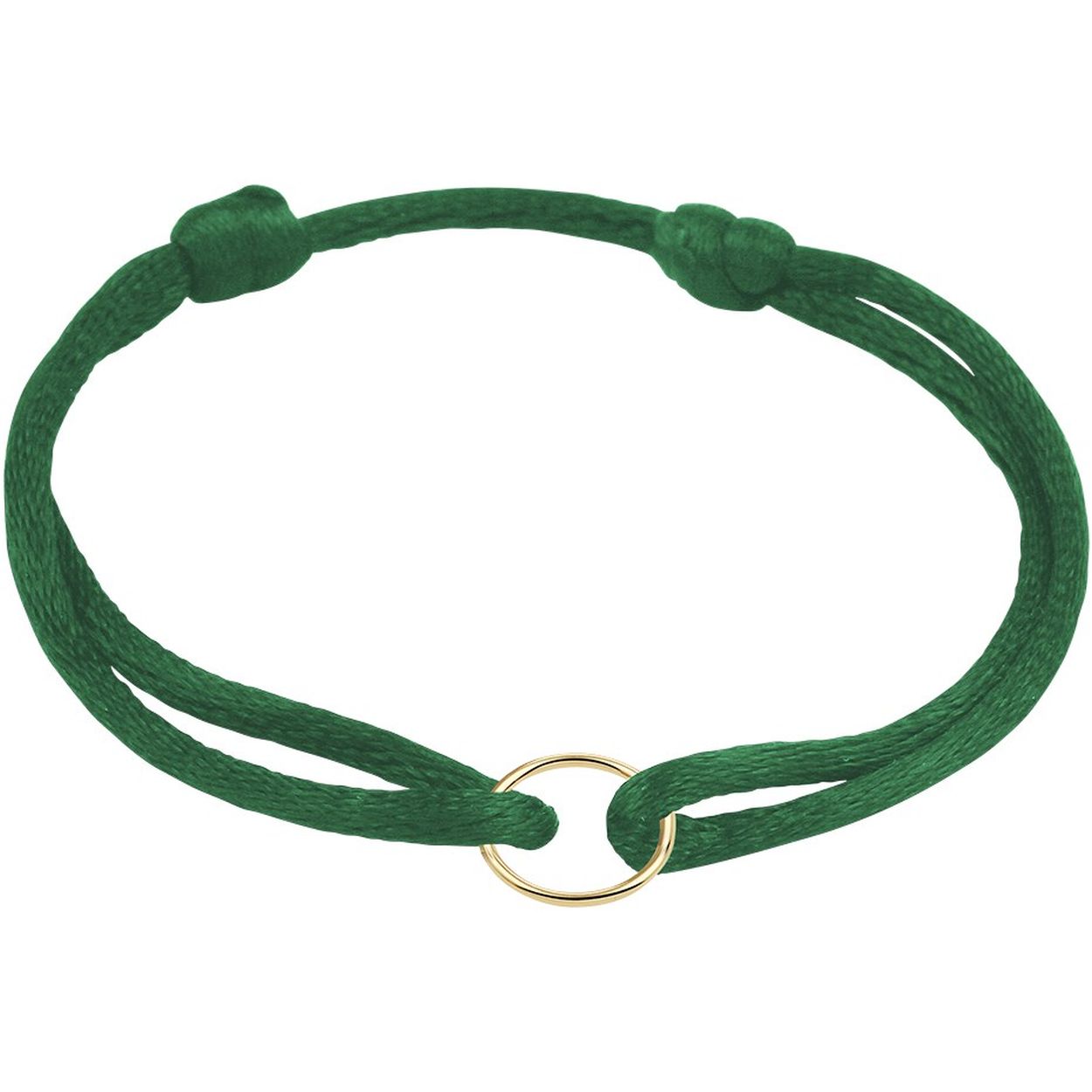 Donkergroen gevlochten armband uitgevoerd met een 14k geelgouden open rondje. De armband heeft draaglengtes van 13 tot 26cm. Het rondje heeft een diameter van 10mm.