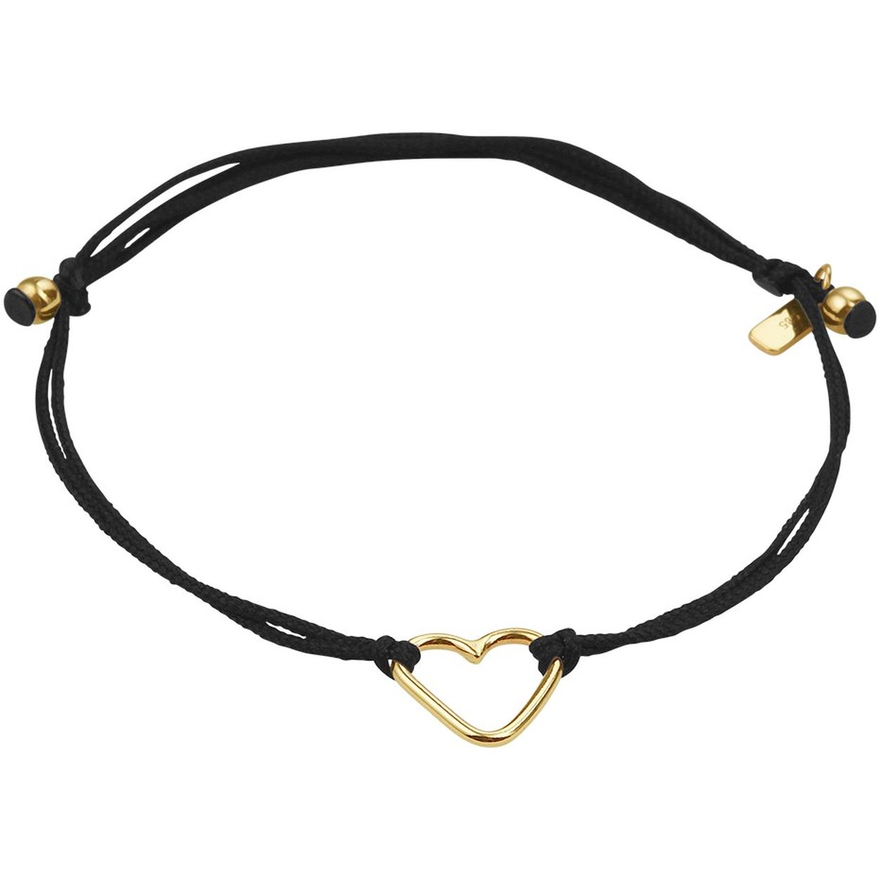 Zwart gevlochten armband uitgevoerd met een 14k geelgouden open hartje. De armband heeft draaglengtes van 13 tot 19cm. Het hartje heeft een afmeting van 10x10.5mm.