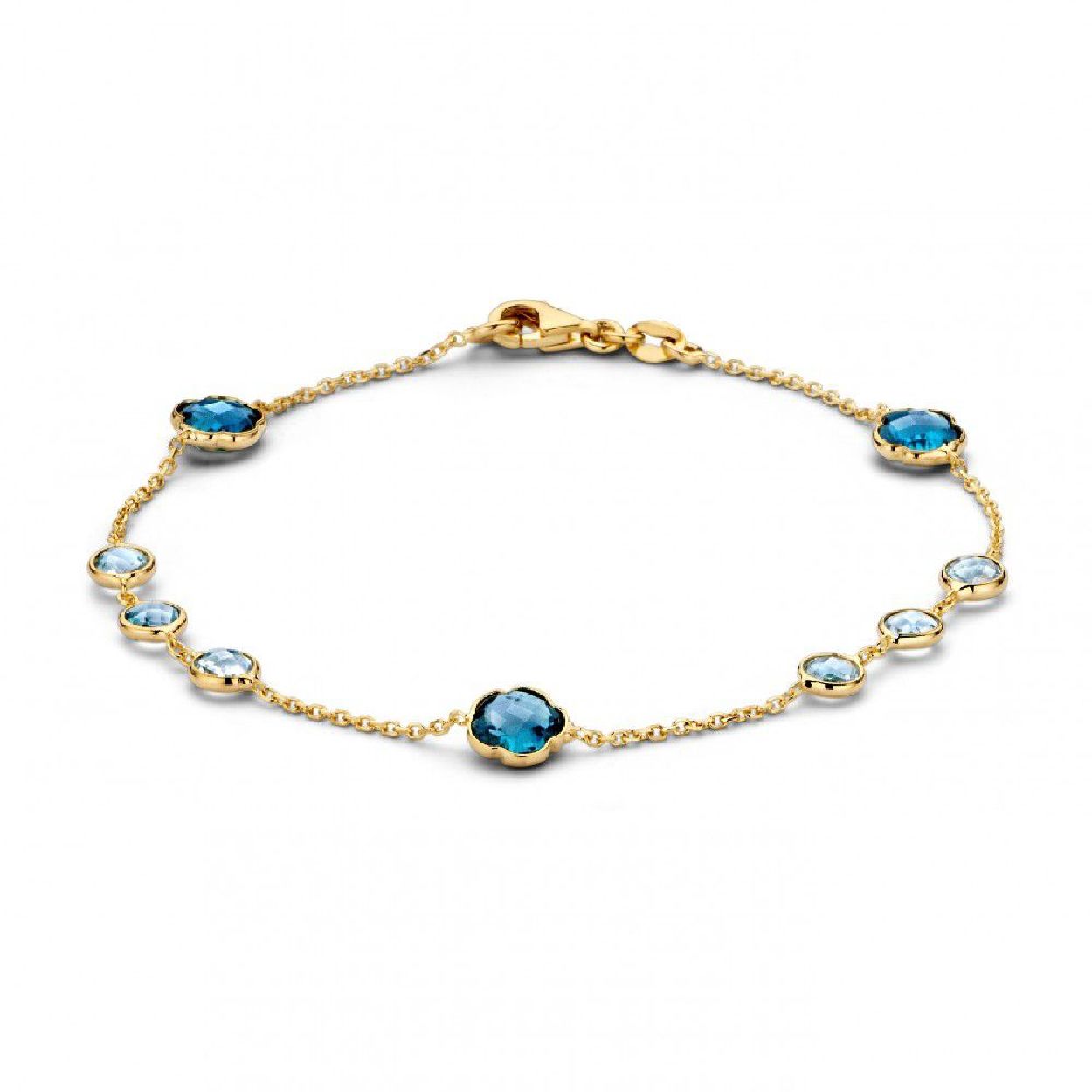 Geelgouden armband met topaas/london blue topaas. Deze armband is onderdeel van een set.
