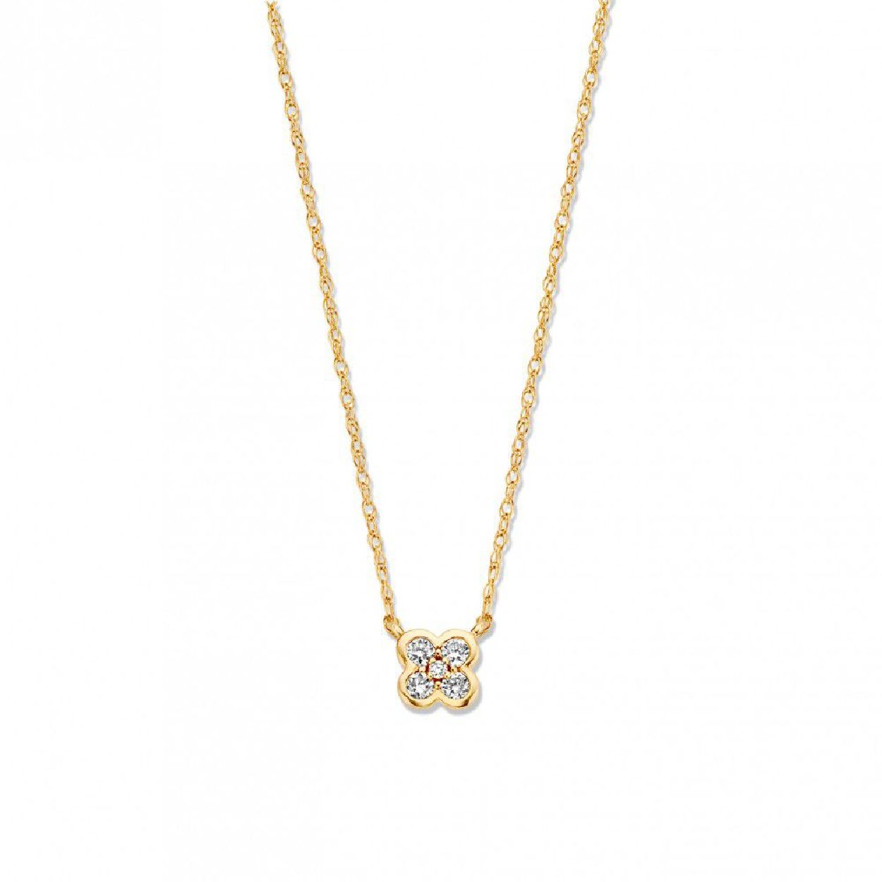 Geelgouden lengtecollier (43-45 cm) met diamanten in bloemvorm (0.09 crt.).
