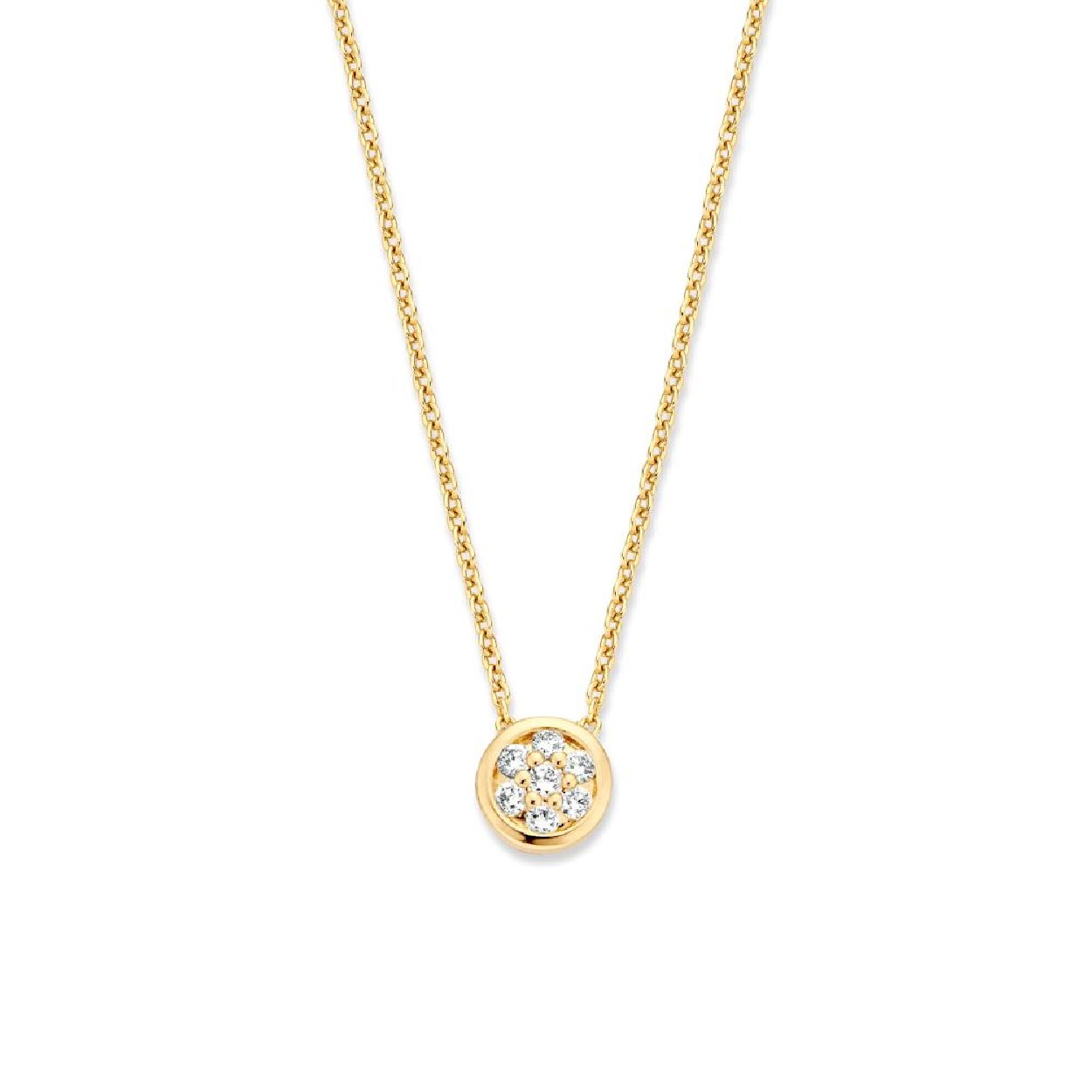 14 karaat�geelgouden�collier met fijne�ankerschakel en 0.09 crt briljant in een entouragezetting. Het collier heeft een lengte van 40-41-42cm en is voorzien van een geelgouden karabijnsluiting.
