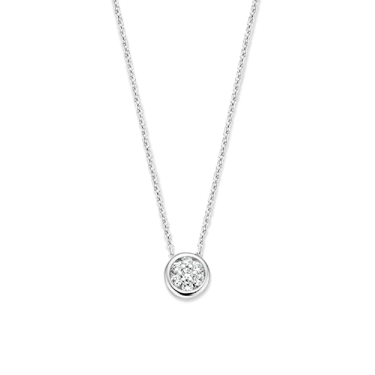 14 karaat�witgouden�collier met fijne�ankerschakel en 0.09 crt. briljant in een entouragezetting. Het collier heeft een lengte van 40-41-42cm en is voorzien van een witgouden karabijnsluiting.
