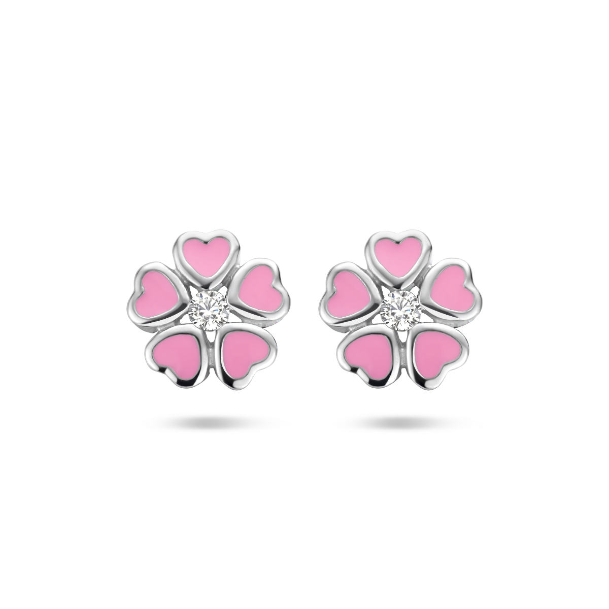 Gerhodineerd 925 zilveren oorknoppen uitgevoerd in de vorm van een bloem met een schitterende zirkonia. De oorknoppen hebben een afmeting van 6.5x6.5mm.