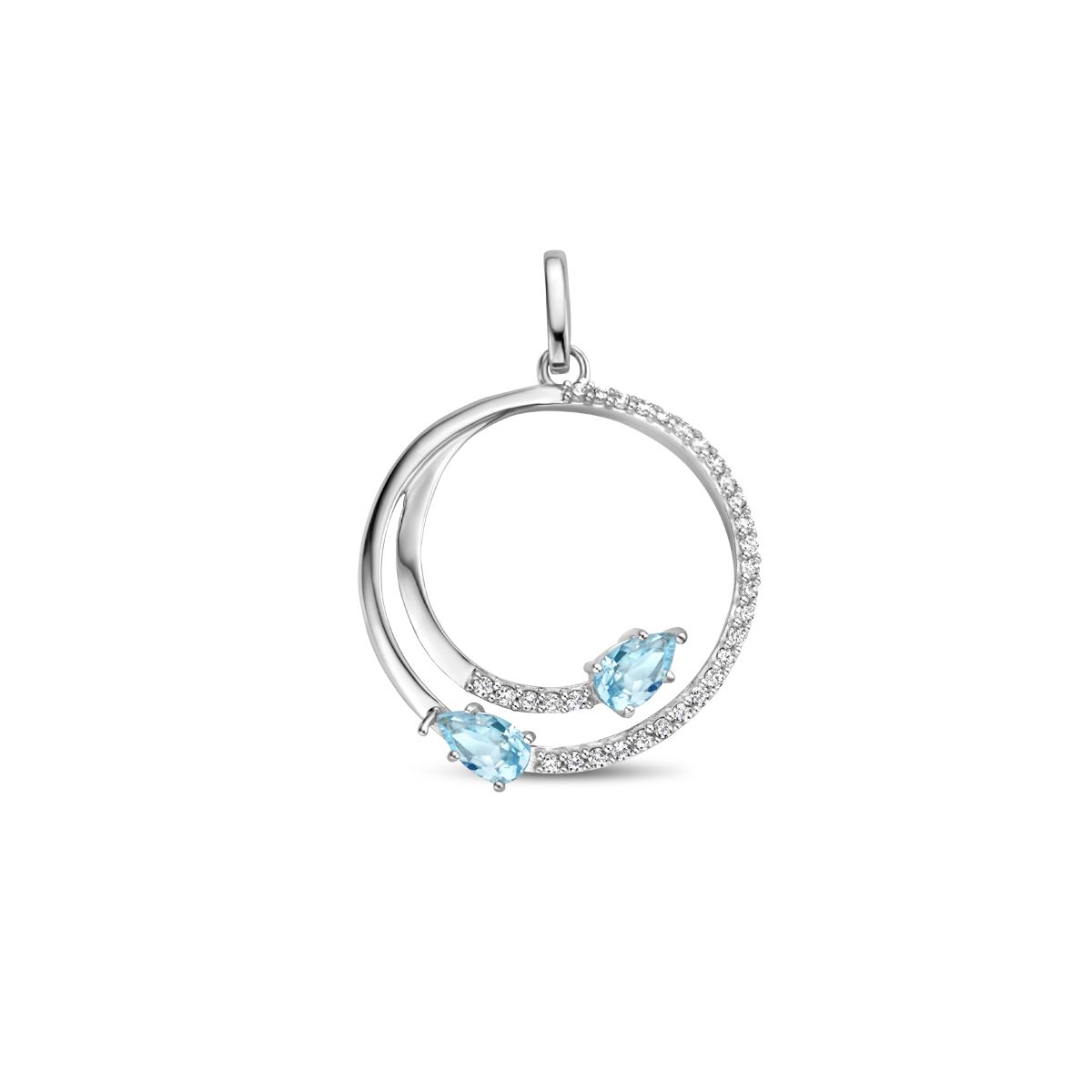 Gerhodineerd 925 zilveren hanger uitgevoerd met blauw topaas en schitterende zirkonia. De hanger heeft een diameter van 20mm.