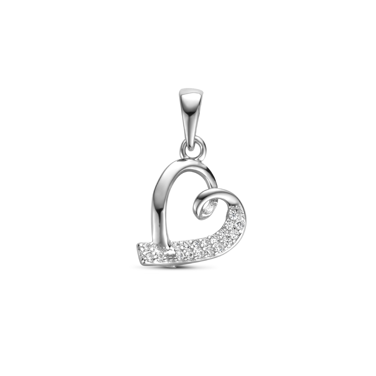 Gerhodineerd 925 zilveren hanger uitgevoerd in de vorm van een hartje met zirkonia. De hanger heeft een totale hoogte van 2.0cm en een breedte van 10mm.