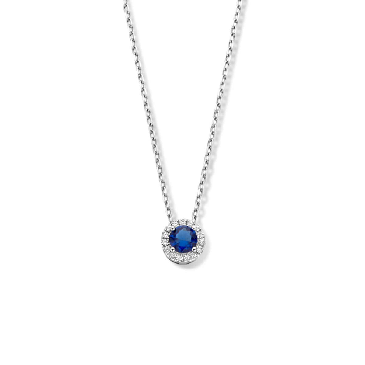 Gerhodineerd 925 zilveren collier uitgevoerd met een synthetische saffier en zirkonia. Het collier heeft een draaglengte van 42cm en een extensie van 3cm.