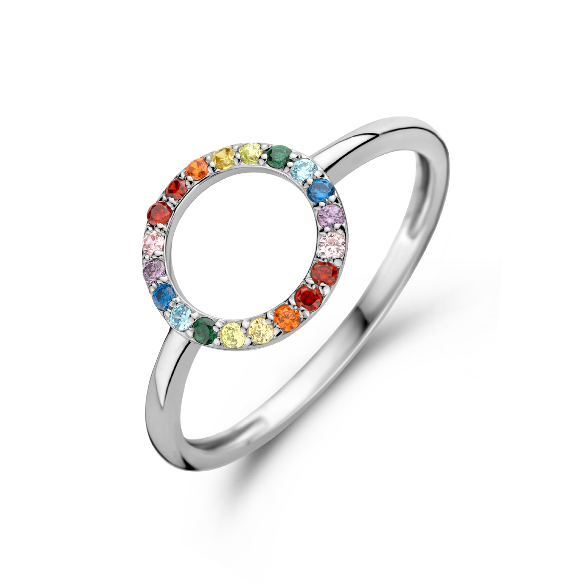 Gerhodineerd 925 zilveren ring uitgevoerd met een gekleurde zirkonia rij. De ring heeft een breedte van 10mm.