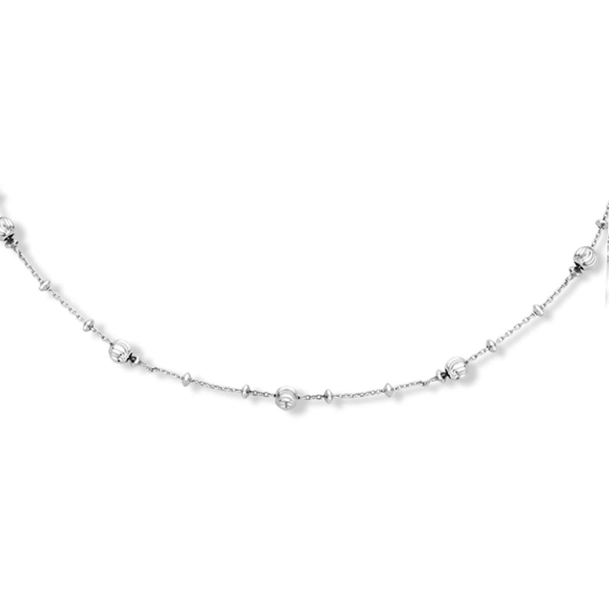 Gerhodineerd 925 zilveren collier uitgevoerd met bolletjes en een karabijn sluiting. Het collier heeft een breedtes van 1.0, 2.2 en 4.0 mm. Met een draaglengte van 40cm en een extensie van 4cm.