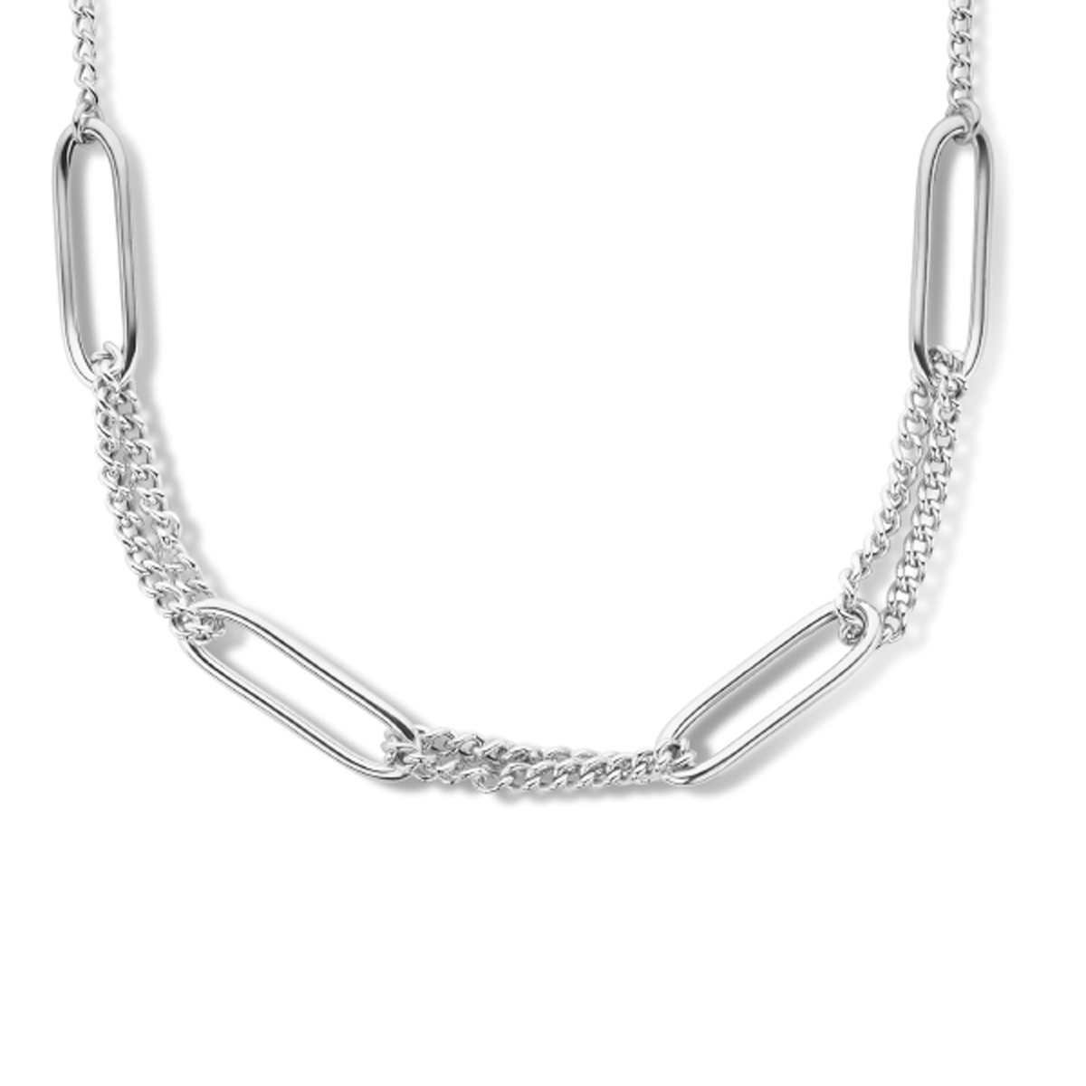 Gerhodineerd 925 zilveren collier uitgevoerd met een paperclip schakel van 7.8mm, gourmette schakel van 2.8mm en een karabijn sluiting. Het collier heeft een draaglengte van 42cm en een extensie van 3cm.
