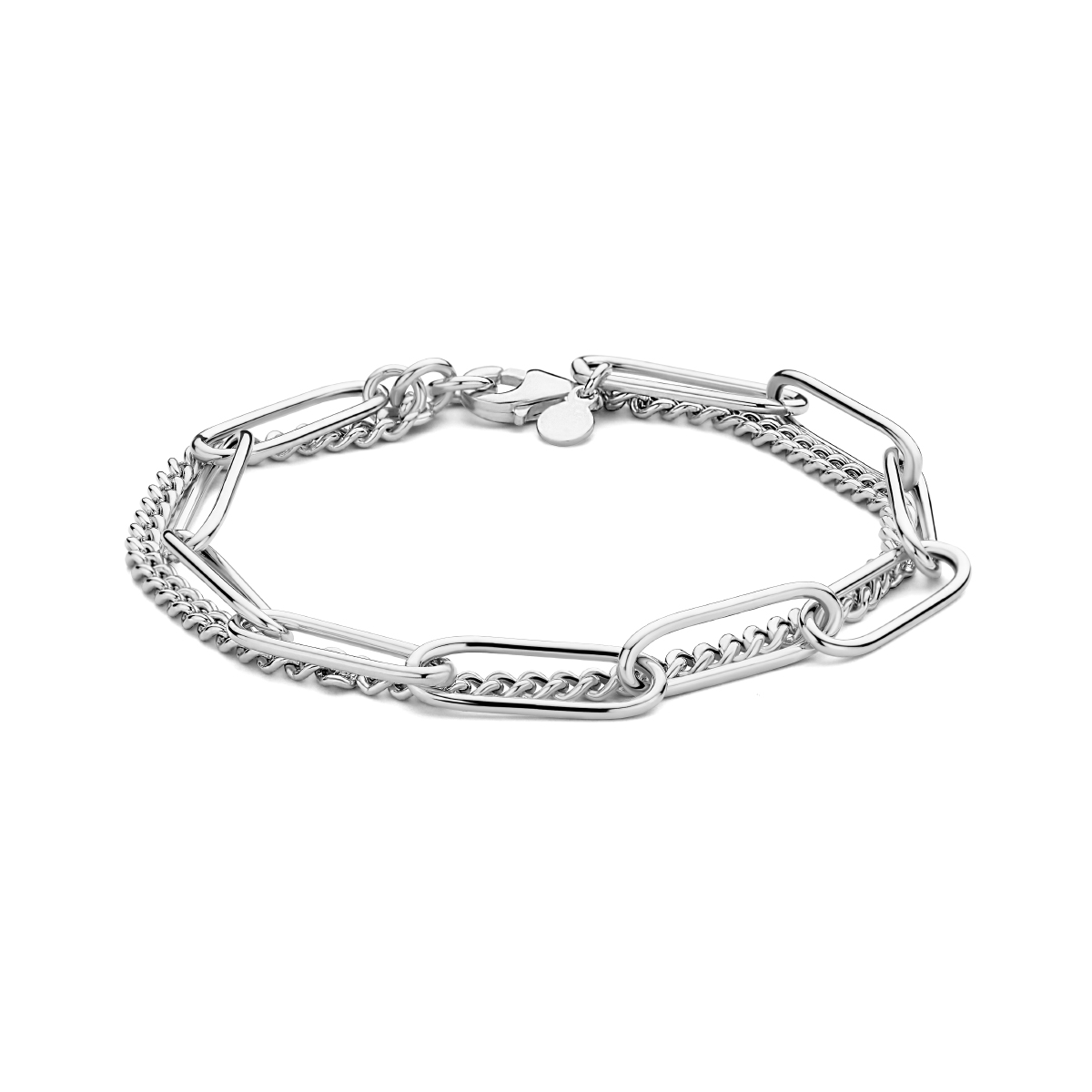Gerhodineerd 925 zilveren armband uitgevoerd met een paperclip schakel van 5.8mm, een gourmette schakel van 2.8mm en een karabijn sluiting. De armband heeft een draaglengte van 18cm.
