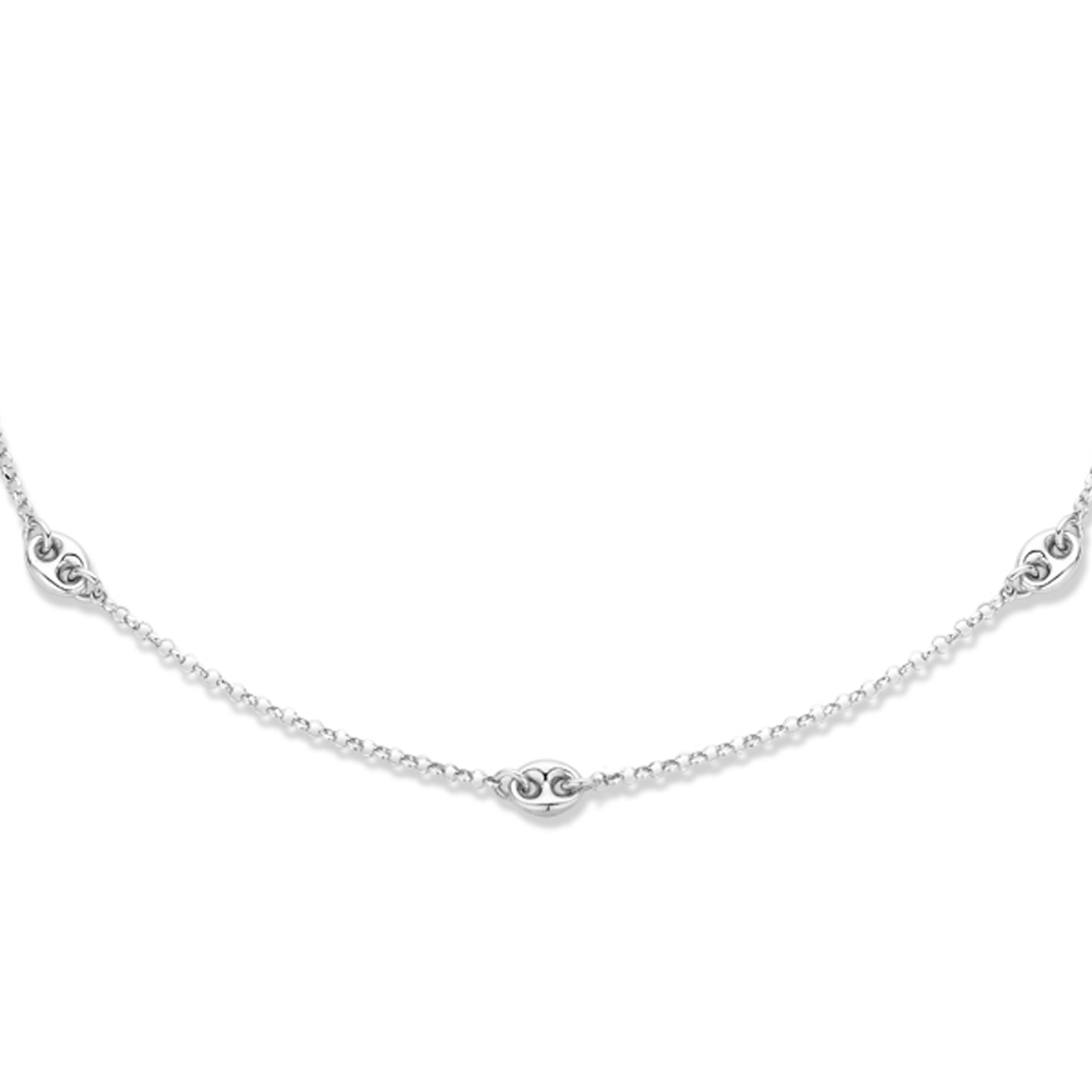 Gerhodineerd 925 zilveren collier met schakelachtige elementen 5.5x7mm. Het collier heeft een draaglengte van 41cm en een extensie van 4cm. Uitgevoerd met een karabijn sluiting.