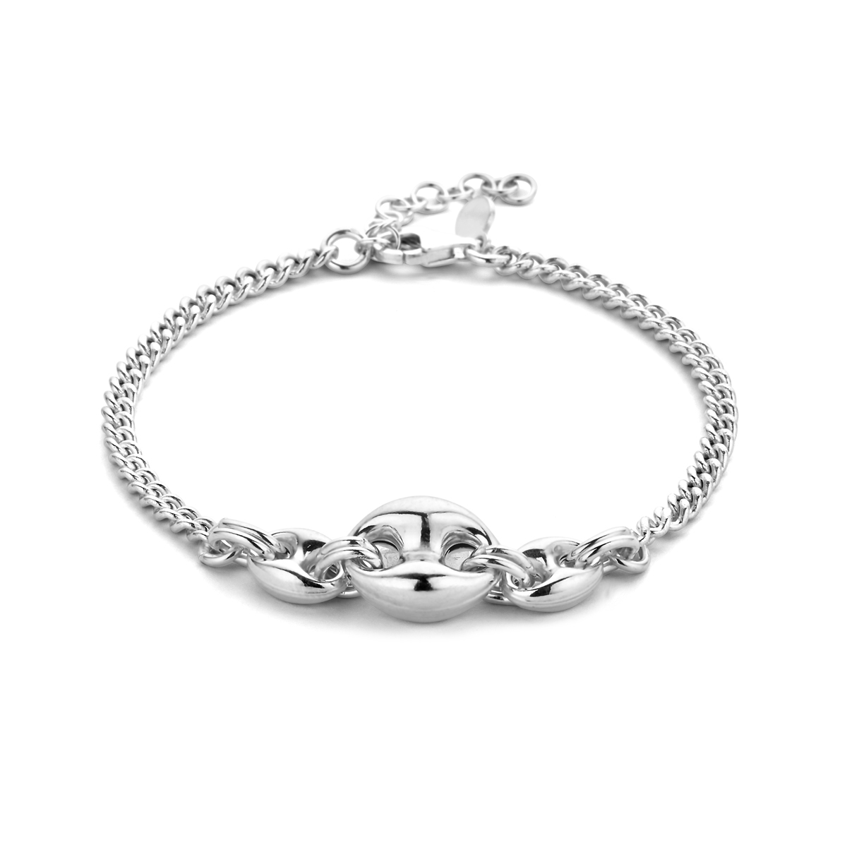 Gerhodineerd 925 zilveren armband met een breedte van 10.5mm. De armband heeft een draaglengte van 16cm met 3cm extensie. Uitgevoerd met een karabijn sluiting.