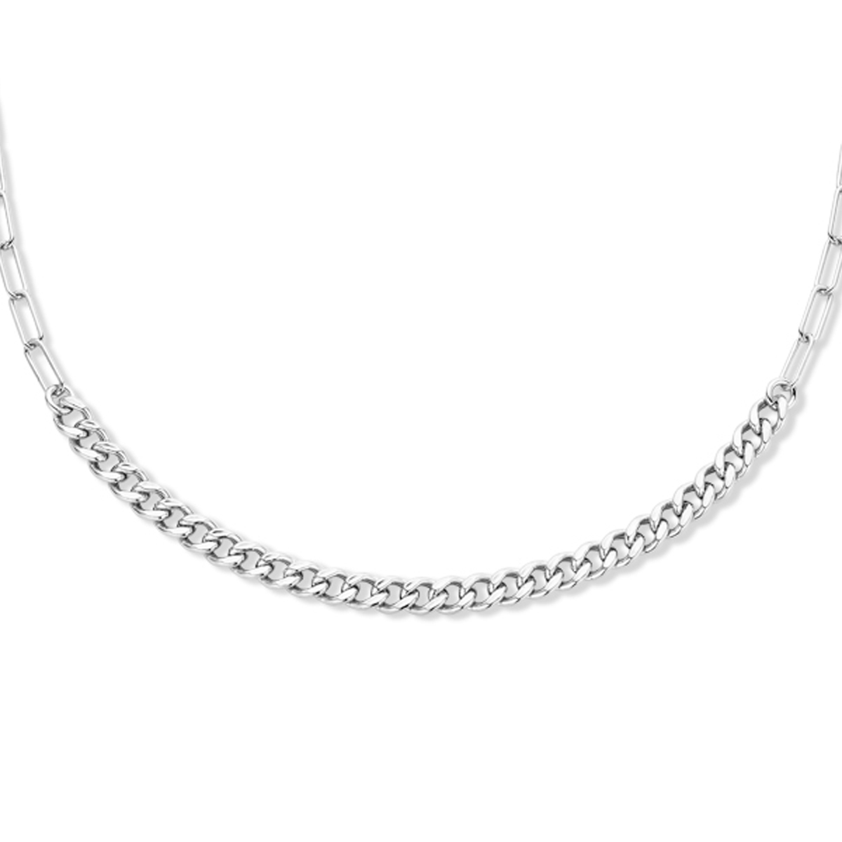 Gerhodineerd 925 zilveren collier met schakelbreedtes van 3.2mm en 4.9mm. Het collier heeft een draaglengte van 45cm. Uitgevoerd met een karabijnsluiting.
