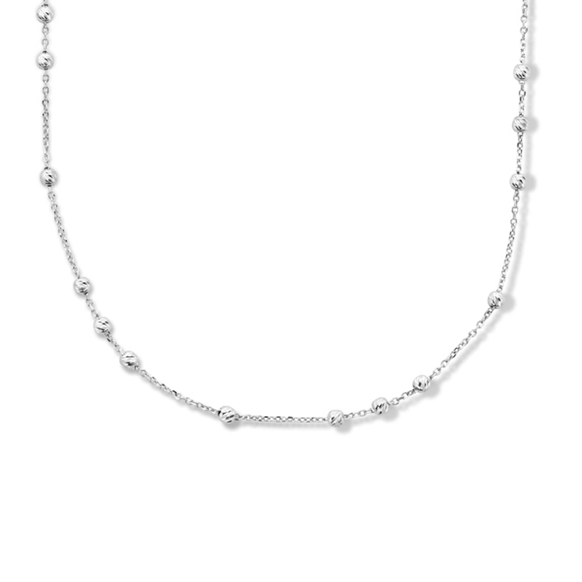 Gerhodineerd 925 zilveren collier uitgevoerd met bolletjes en een karabijn sluiting. Het collier heeft een schakelbreedte van 1.1mm en een draaglengte van 40cm met een extensie van 4cm.