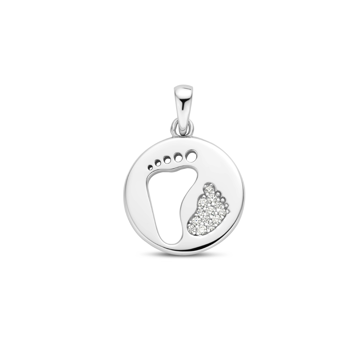 Gerhodineerd 925 zilveren hanger uitgevoerd met schitterende zirkonia en baby voetjes. De hanger heeft een totale hoogte van 2.3cm.