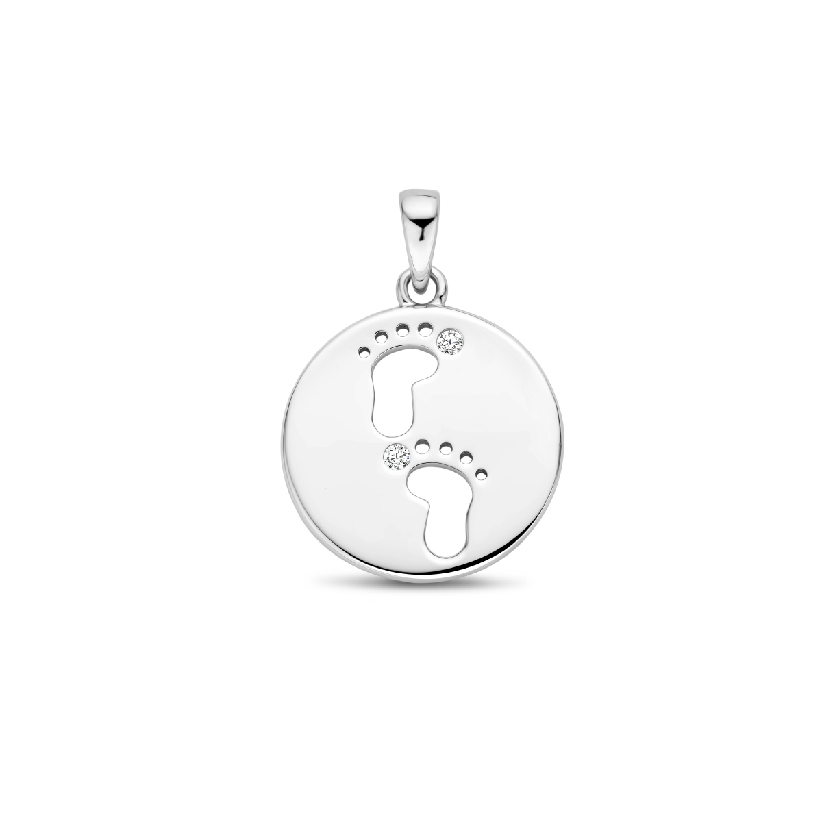 Gerhodineerd 925 zilveren hanger uitgevoerd met een schitterende zirkonia en baby voetjes. De hanger heeft een totale hoogte van 2.6cm.